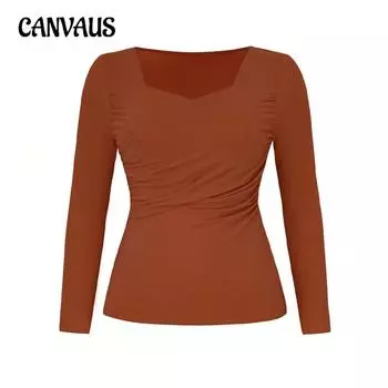 Женский новый осенний облегающий трикотажный топ с длинными рукавами 1XL светло-коричневого