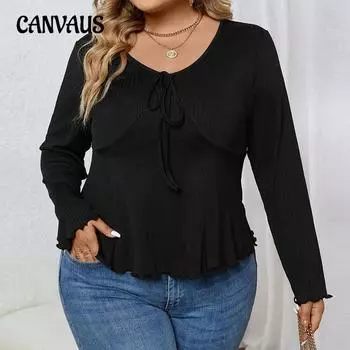 Женский новый осенний повседневный трикотажный однотонный топ с V-образным вырезом и длинными рукавами 1XL чёрный