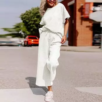 Женский новый осенний свободный простой однотонный костюм для отдыха с текстурой на шнурке, спортивный комплект из двух предметов S белый