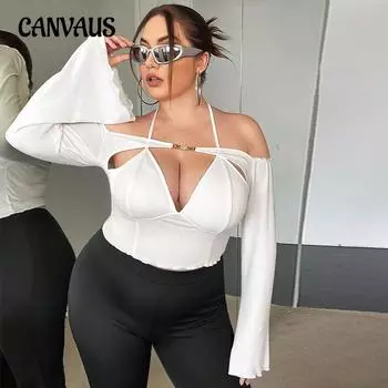 Женский новый осенний тонкий сексуальный топ с открытыми плечами и расклешенным длинными рукавами 1XL белый