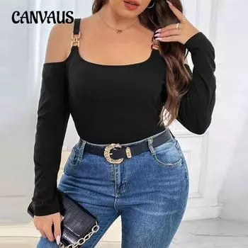 Женский новый осенний тонкий темпераментный сексуальный топ с открытыми плечами и длинными рукавами 1XL чёрный