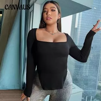 Женский новый осенний тонкий узкий разрез квадратный воротник сексуальный длинный рукав топ 1XL чёрный