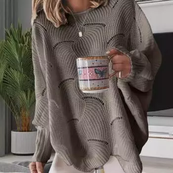 Женский новый повседневный модный свитер с полым крючком большого размера, свободный однотонный вязаный свитер S серый