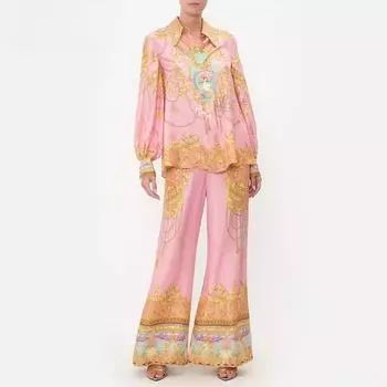 Женский новый повседневный праздничный костюм из двух частей с длинным рукавом и розовым принтом S розовый