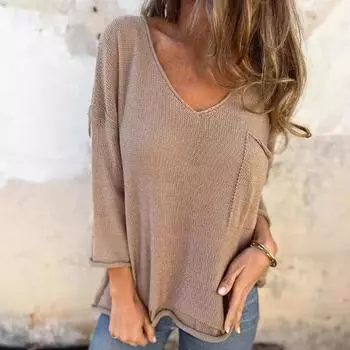 Женский новый повседневный вязаный свитер с V-образным вырезом и длинным рукавом, карманом, модный женский свитер большого размера, повседневные женские топы S белый