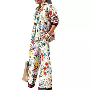 Женский новый принтованный костюм повседневные брюки рубашка модный топ S