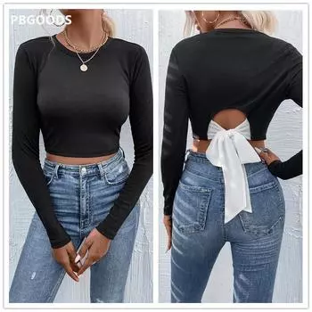 Женский новый пуловер с круглым вырезом для отдыха, удобная облегающая футболка контрастного цвета с длинными рукавами S чёрный