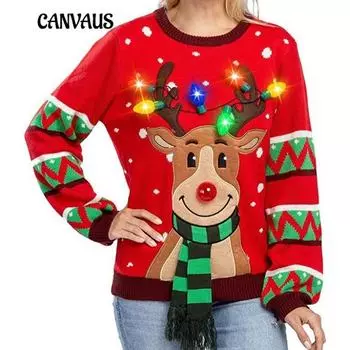 Женский новый рождественский трикотаж Moose, новинка, рождественский свитер с подсветкой сверху S красный
