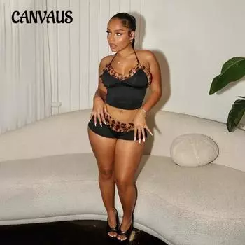 Женский новый сексуальный короткий топ со шнуровкой и ультракоротким леопардовым принтом из двух частей из молочного шелка S чёрный