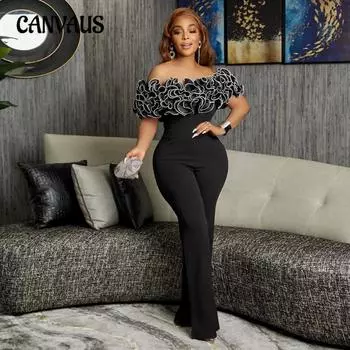 Женский новый сексуальный обтягивающий комбинезон с одним вырезом и оборками из кружева S чёрный