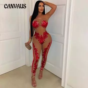 Женский новый сексуальный сетчатый прозрачный бюстье с бисером утягивающий комбинезон S красный