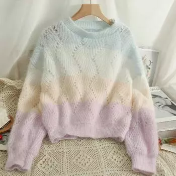 Женский новый сладкий радужный свитер с круглым вырезом, пуловер с длинными рукавами, трикотажные топы, повседневные свободные джемперы, осенне-зимний теплый удобный свитер One Size