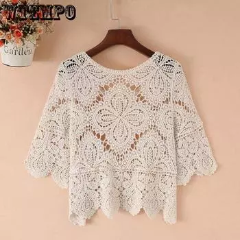 Женский новый свободный полый короткий вязаный топ с круглым вырезом, женский повседневный женский летний пуловер с принтом, свитер M бежевый