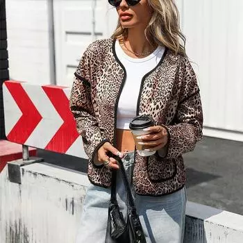 Женский новый темперамент весна-осень мода без пуговиц кардиган леопардовый принт куртка S