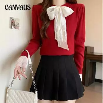 Женский новый топ с круглым вырезом, шнуровкой и пэчворком, с длинными рукавами one size красный