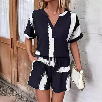 Женский новый весенне-летний комплект из эластичной женской футболки с V-образным вырезом и принтом S тёмно-синий