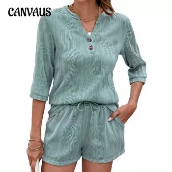 Женский новый весенне-летний однотонный свободный костюм с V-образным вырезом и рукавами средней длины, с шортами и карманами S чёрный