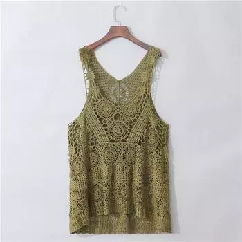 Женский новый вязаный крючком ажурный универсальный жилет, свободный темперамент и модная внешняя асимметричная пляжная блузка в литературном стиле One size серый