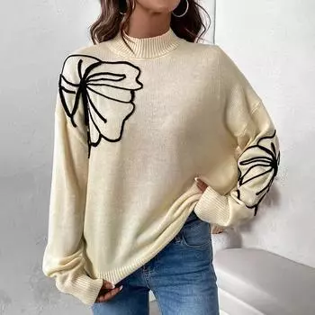 Женский новый вязаный повседневный свитер с полувысоким воротником и длинными рукавами, осенне-зимний женский модный свитер с цветочным принтом для поездок на работу S абрикосовый