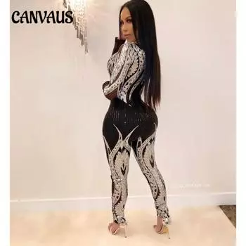 Женский новый высококачественный прозрачный комбинезон с длинными рукавами и пайетками S золотой