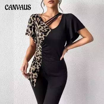 Женский новый взрывной леопардовый принт асимметричный вырез рукава бабочка пэчворк топ S чёрный