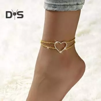 Женский ножной браслет с вырезом в виде сердца, двухслойный декор со стразами, регулируемая длина, полированные женские украшения на щиколотке, цепочка на лодыжку, подарок на день рождения, юбилеи серебряный
