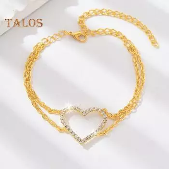 Женский ножной браслет с вырезом в виде сердца, двухслойный декор со стразами, регулируемая длина, полированные женские украшения на щиколотке, цепочка на лодыжку, подарок на день рождения, юбилеи серебряный