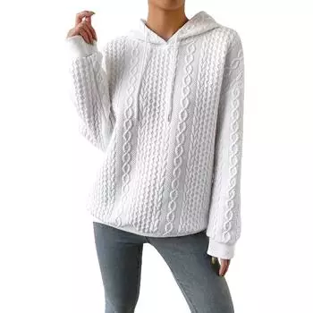 Женский объемный текстурированный пуловер с длинными рукавами и завязками на шнурке, однотонная толстовка с капюшоном S белый
