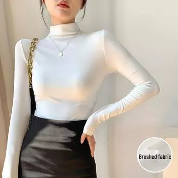 Женский облегающий бархатный топ с длинными рукавами и воротником-стойкой – теплый, однотонный, на осень и зиму L абрикосовый