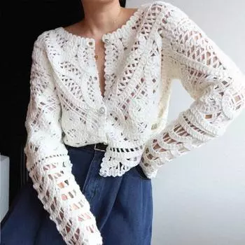 Женский облегающий кардиган ручной работы, весна-лето 2024, топы Bohemain C-004 S белый