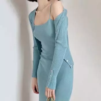 Женский облегающий комплект из 2 предметов, тонкий трикотажное платье на бретельках, кардиган на пуговицах с длинными рукавами, модные однотонные наряды C-113 S чёрный