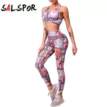 Женский облегающий облегающий костюм с высокой талией и принтом на бедрах персикового цвета, быстросохнущий костюм из двух предметов для фитнеса и йоги