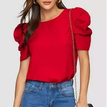 Женский облегающий однотонный топ с рукавами-фонариками 2024 года темно-синий