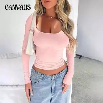 Женский облегающий однотонный топ Y2K с U-образным вырезом и длинными рукавами XS белый