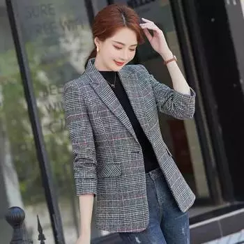 Женский облегающий повседневный клетчатый блейзер на весну и осень 5XL кофейный