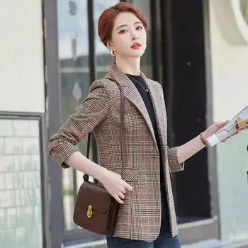 Женский облегающий повседневный клетчатый блейзер на весну и осень XS кофейный