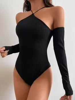 Женский облегающий сексуальный облегающий комбинезон с открытыми плечами в стиле ретро, тонкий черный пуловер с длинными рукавами S чёрный
