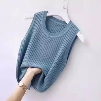 Женский облегающий топ без рукавов в рубчик с круглым вырезом - Универсальный базовый слой больших размеров 2XL (Recommended 115-130 jin)