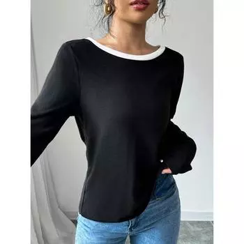 Женский облегающий топ с длинными рукавами и бантом S чёрный