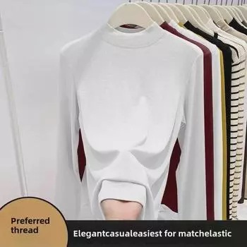 Женский облегающий топ с длинными рукавами и средней горловиной, с нитками - 2024 Весна/Осень Однотонная Универсальная Рубашка Round neck, M хаки