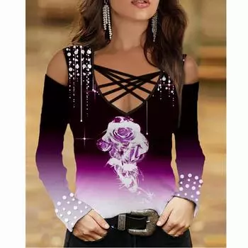 Женский облегающий топ с длинными рукавами и открытыми плечами с перекрестным вырезом и принтом роз, футболка оверсайз