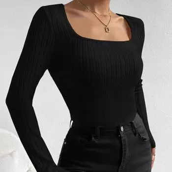 Женский облегающий топ с длинными рукавами, весенне-осенний модный топ с квадратным воротником, однотонный топ XXL чёрный
