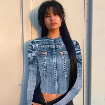 Женский облегающий топ с круглым вырезом и длинными рукавами In Woman, весна 2024 г. S синий