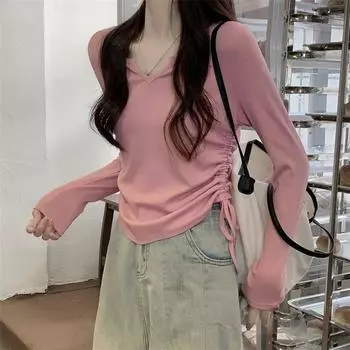 Женский облегающий топ с V-образным вырезом и длинными рукавами на завязках, осенний 2XL розовый