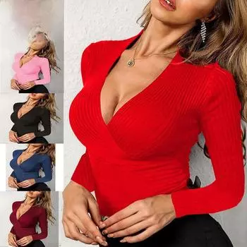 Женский облегающий трикотажный пуловер с V-образным вырезом, осень 2023 г. - с длинными рукавами, интеллектуальный, сексуальный стиль L чёрный