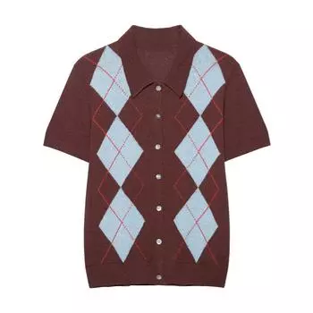 Женский облегающий трикотажный топ-поло с ромбовидным узором, весна/лето 2025 Large темно-коричневого