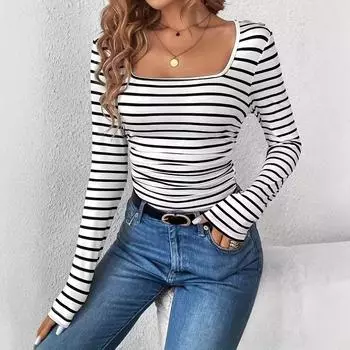 Женский облегающий трикотажный топ в полоску осень/зима S белый