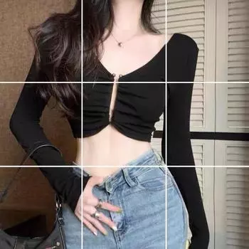 Женский облегающий укороченный топ с длинными рукавами и вырезом - осенний стиль 5413 One Size чёрный