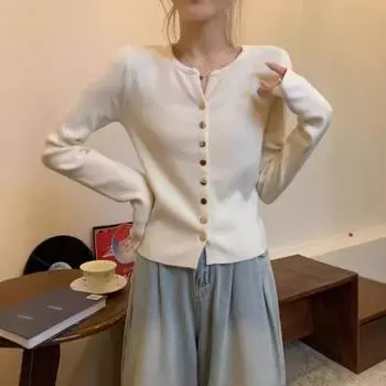 Женский облегающий вязаный кардиган с золотыми пуговицами — мягкий свитер с длинными рукавами для осени/зимы One Size