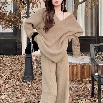 Женский облегающий вязаный костюм с напуском на весну и осень, свободный свитер с v-образным вырезом + широкие брюки с высокой талией, комплект из двух предметов XL дубильная кора